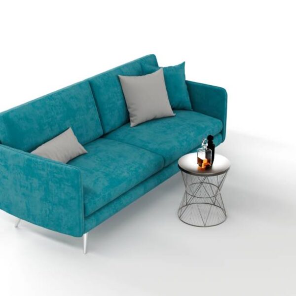 A 3d rendering of a blue couch on a white background